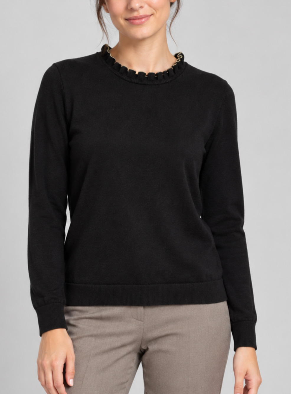 J.Crew Factory Black Ruffle Neck Sweater XL Cotton Gold Trim Long Sleeve Festive